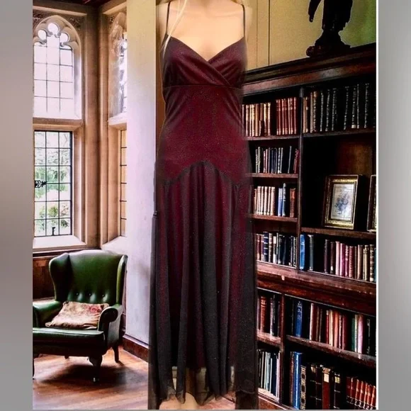 Vintage 90s Black & Red/Burgundy Mesh Overlay Sparkly Glittery Prom Dress -  nationalbodyline.in